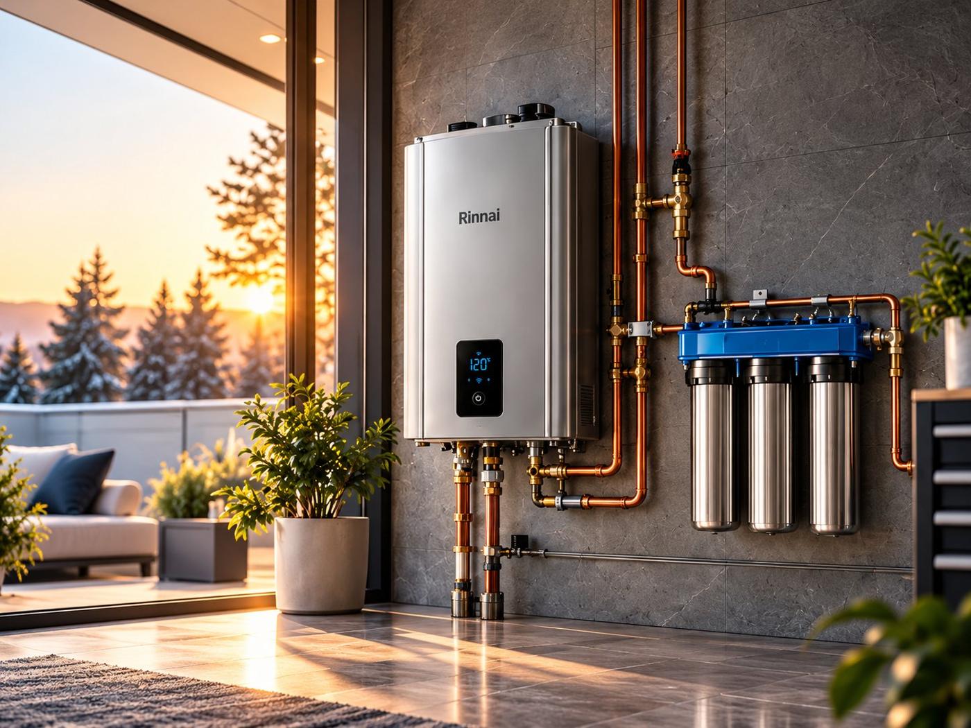 Wall-mounted tankless water heater next to a filtration system at sunset